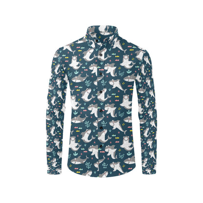 Shark Print Design LKS307 Men's Long Sleeve Dress Shirt