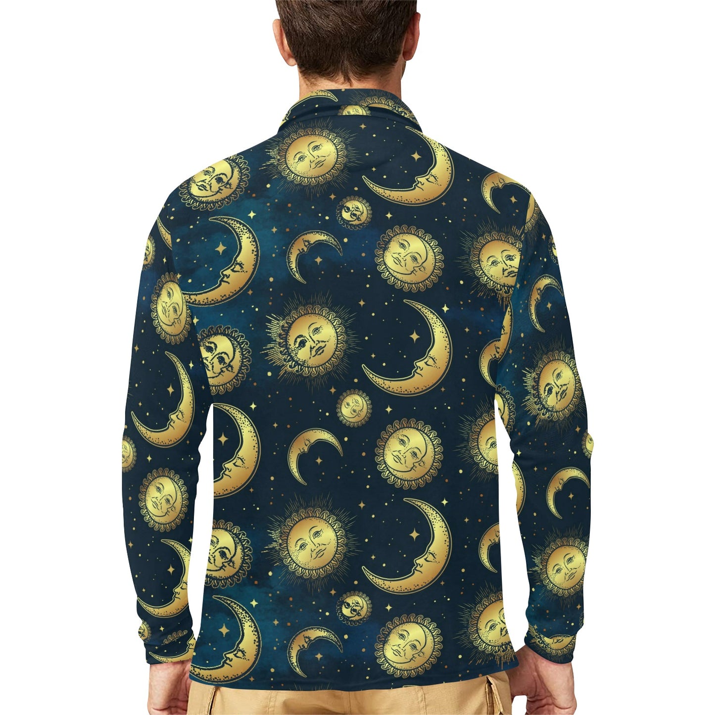 Gold Sun Moon Face Long Sleeve Polo Shirt For Men's