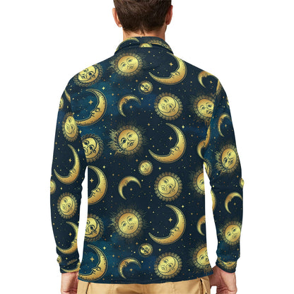 Gold Sun Moon Face Long Sleeve Polo Shirt For Men's
