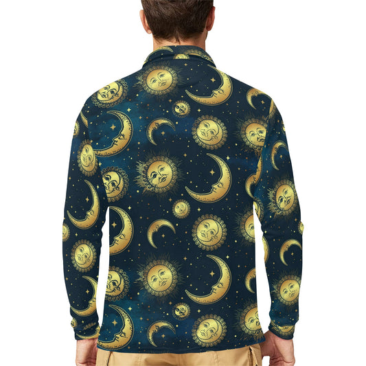 Gold Sun Moon Face Long Sleeve Polo Shirt For Men's