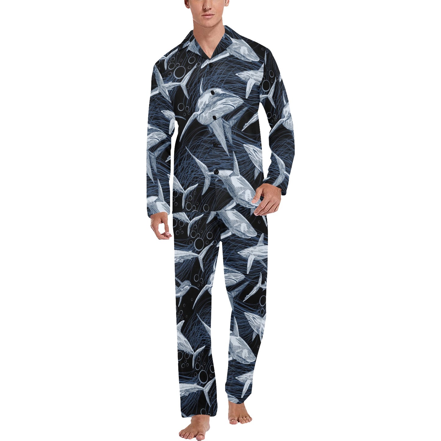 Shark Print Pattern Men's Long Pajama Set