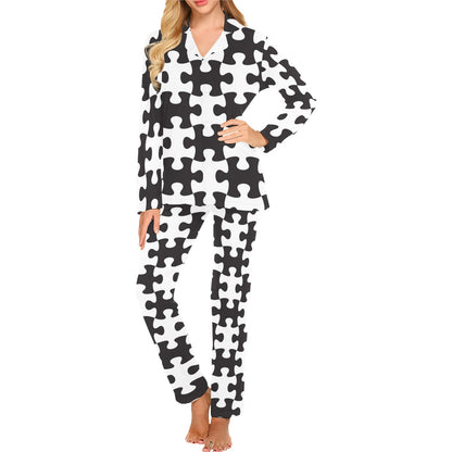 Puzzle Black White Pattern Print Design A02 Women's Long Pajama Set