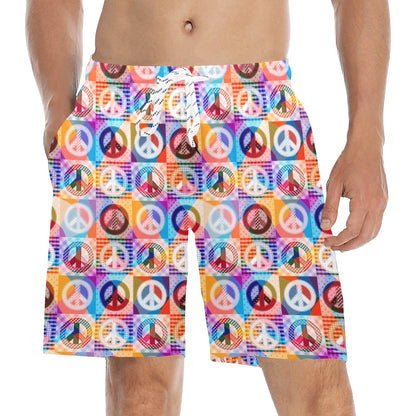 Peace Sign Patchwork Design Print Men's Swim Trunks Beach Shorts