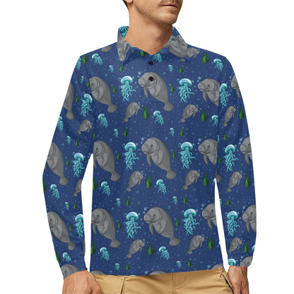 Manatee Pattern Print Design 01 Long Sleeve Polo Shirt For Men's
