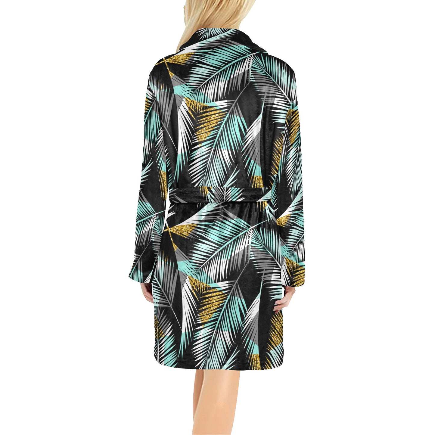 Gold Glitter Cyan Tropical Palm Leaves Women's Fleece Robe