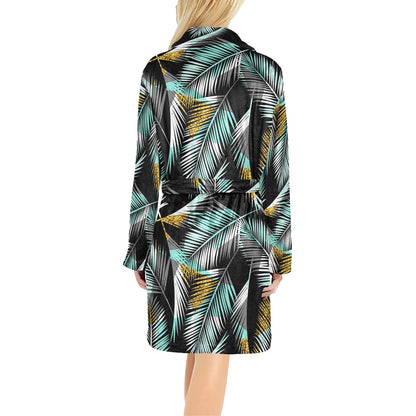 Gold Glitter Cyan Tropical Palm Leaves Women's Fleece Robe