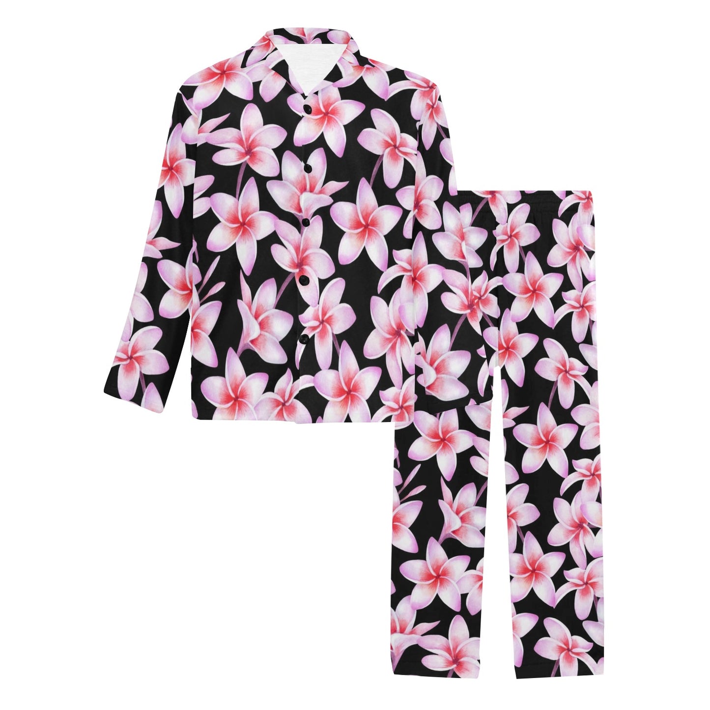 Pink Plumeria Pattern Print Design PM09 Men's Long Pajama Set