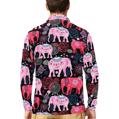 Pink Elephant Pattern Long Sleeve Polo Shirt For Men's
