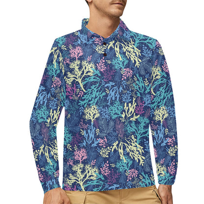 Seaweed Print Design LKS301 Long Sleeve Polo Shirt For Men's