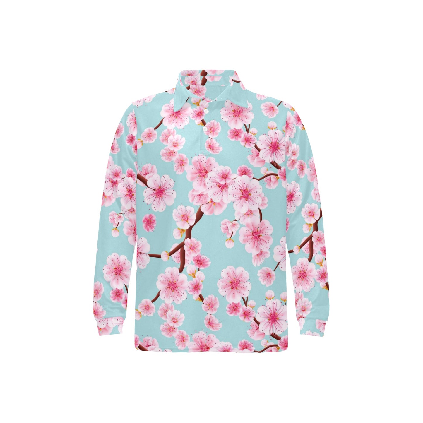 Cherry Blossom Pattern Print Design CB04 Long Sleeve Polo Shirt For Men's