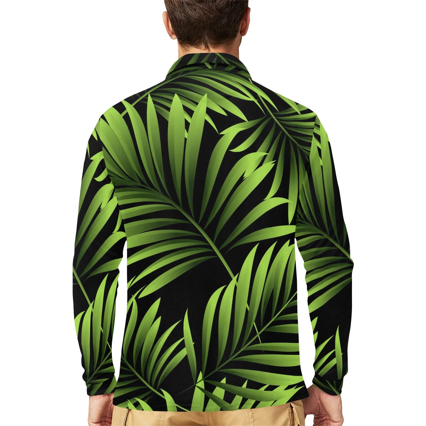 Green Neon Tropical Palm Leaves Long Sleeve Polo Shirt For Men's