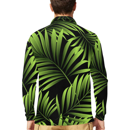 Green Neon Tropical Palm Leaves Long Sleeve Polo Shirt For Men's