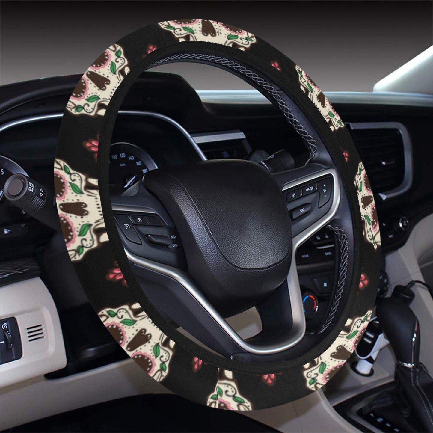 Sugar Skull Print Design LKS304 Steering Wheel Cover with Elastic Edge