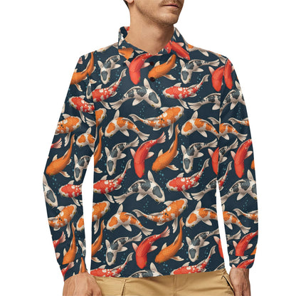 Koi Carp Cute Design Themed Print Long Sleeve Polo Shirt For Men's