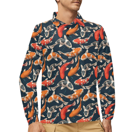 Koi Carp Cute Design Themed Print Long Sleeve Polo Shirt For Men's