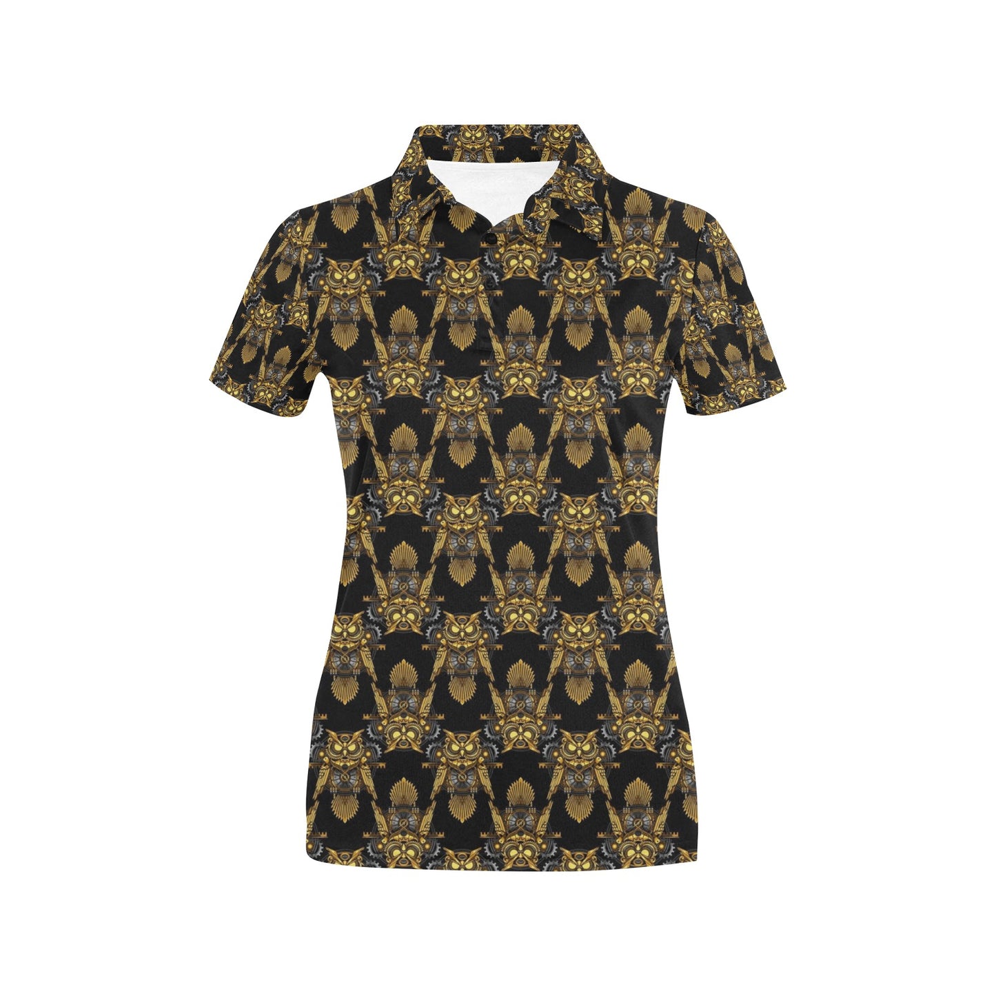 Steampunk Gold Owl Design Themed Print Women's Polo Shirt