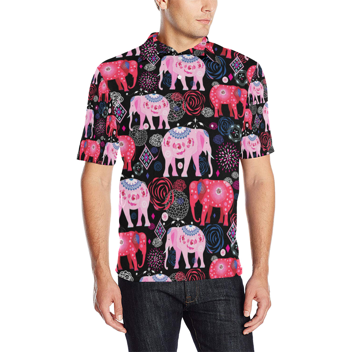 Pink Elephant Pattern Men Polo Shirt