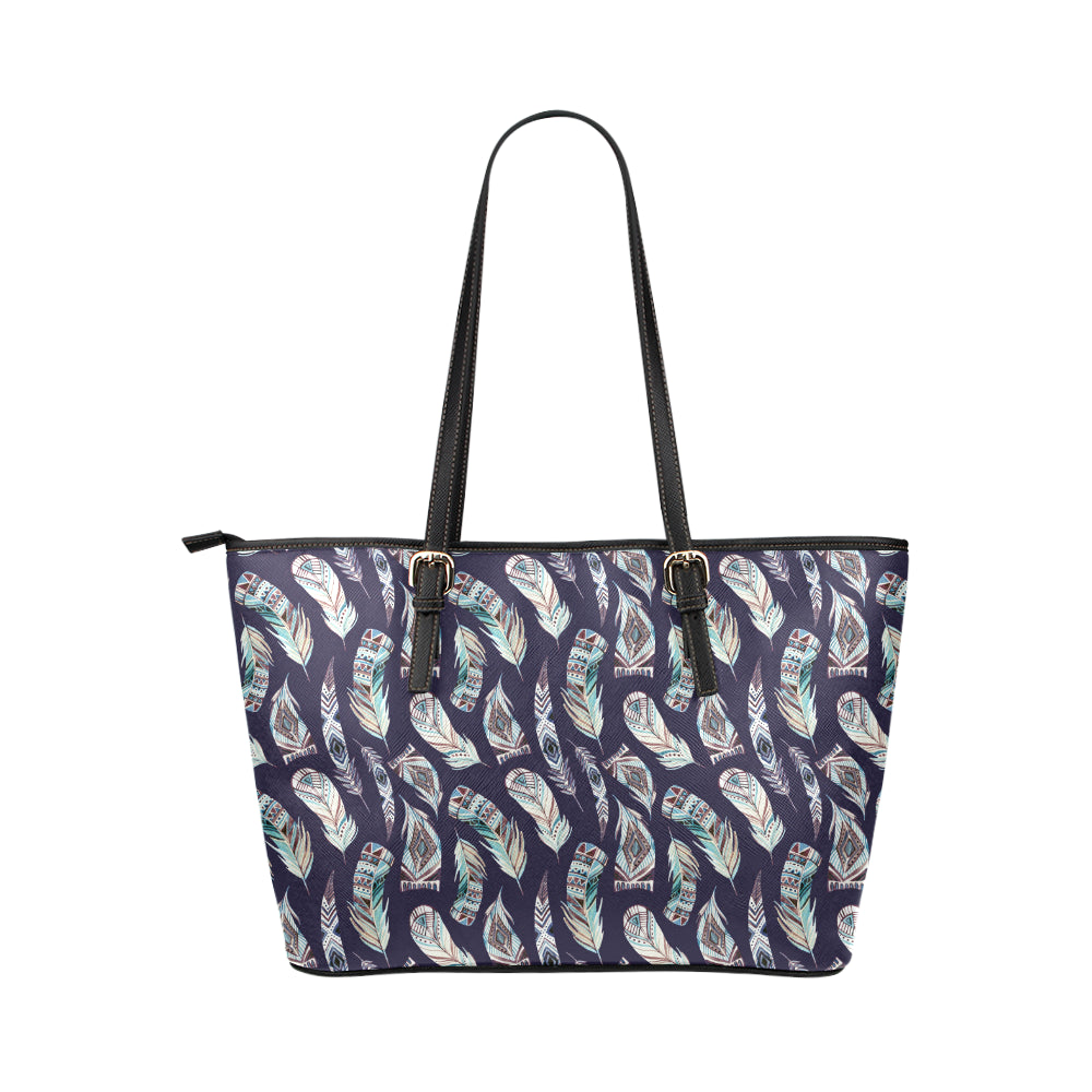Feather Vintage Boho Design Print Leather Tote Bag
