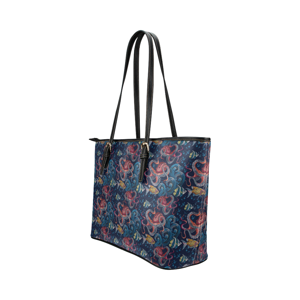 Octopus Deep Sea Print Themed Leather Tote Bag