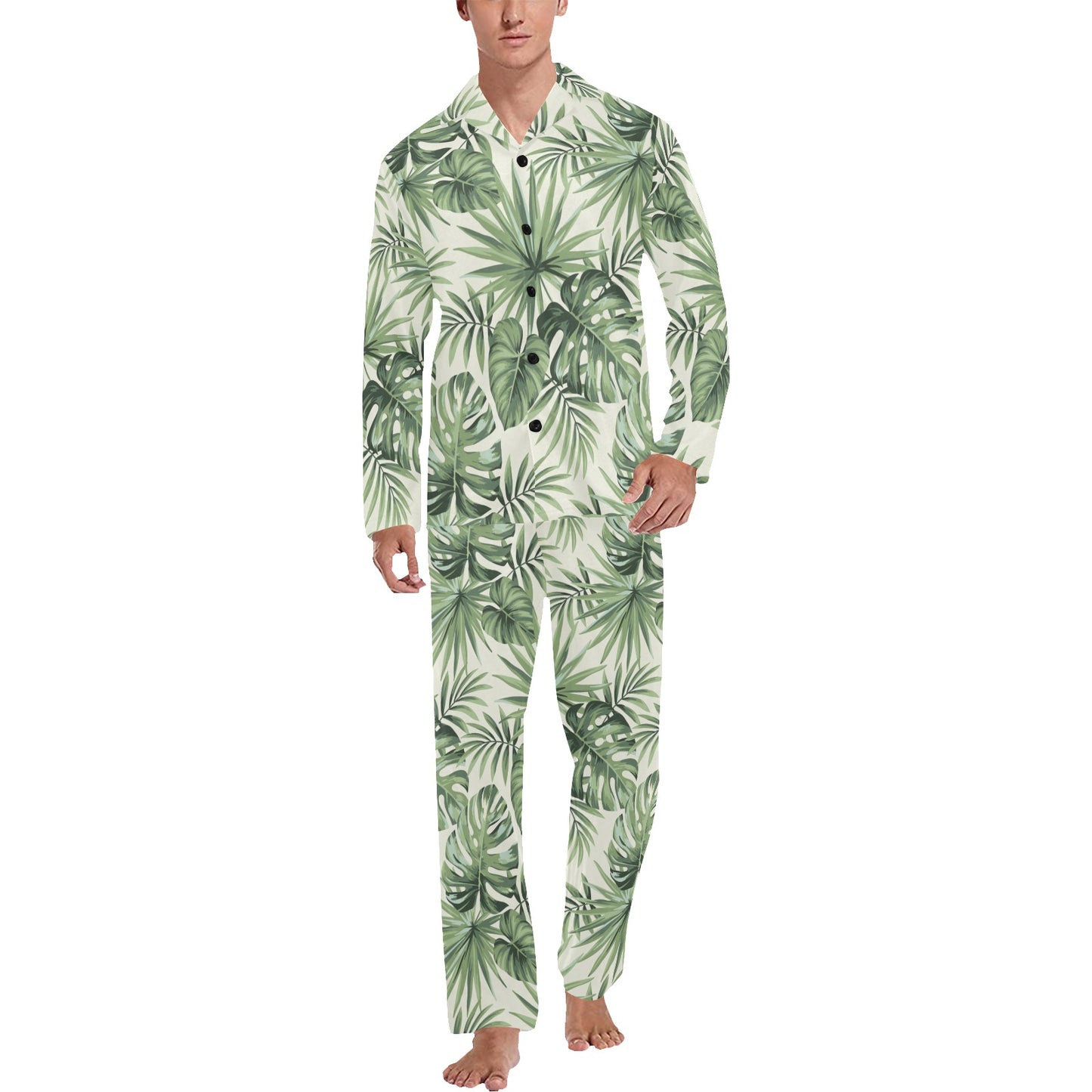 Palm Leaf Pattern Print Design A02 Men's Long Pajama Set