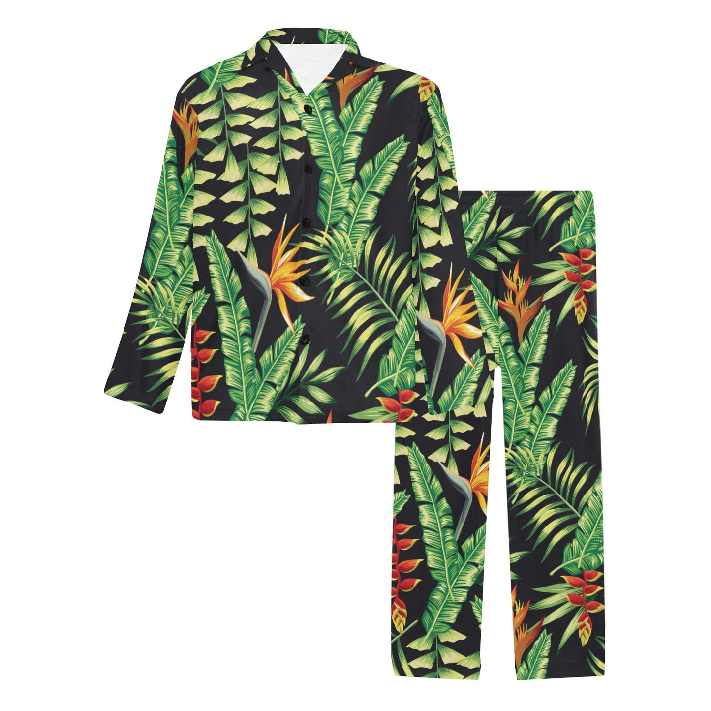 Hawaiian Flower Tropical Palm Leaves Men's Long Pajama Set
