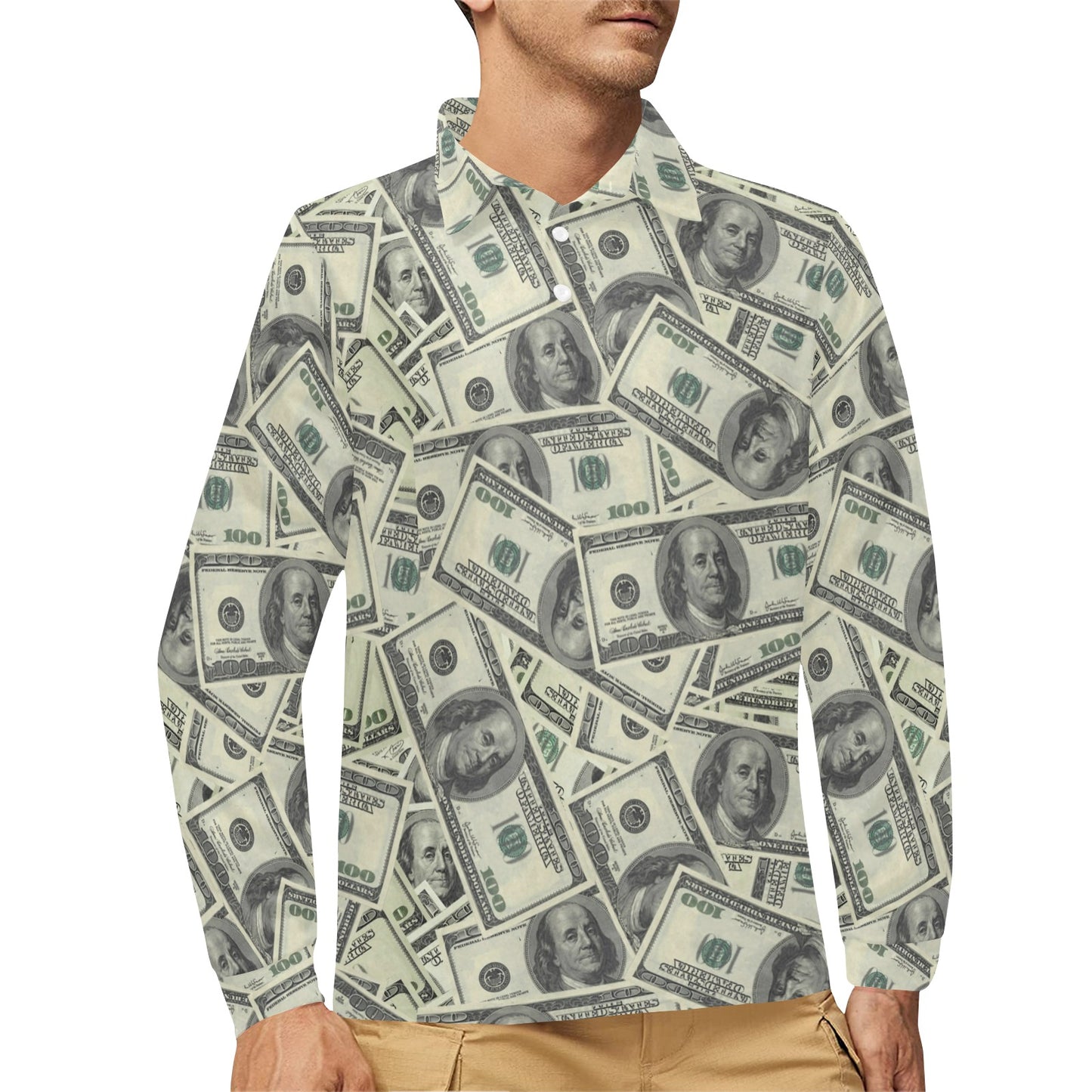 Dollar Pattern Print Design DO02 Long Sleeve Polo Shirt For Men's