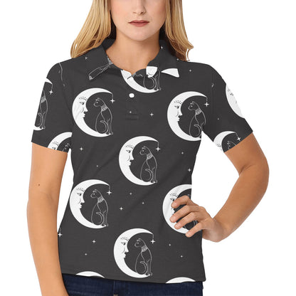 Moon with Cat Pattern Print Design 04 Women's Polo Shirt