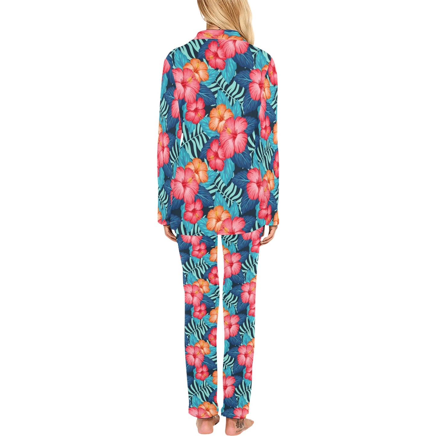 Red Hibiscus Pattern Print Design HB02 Women's Long Pajama Set