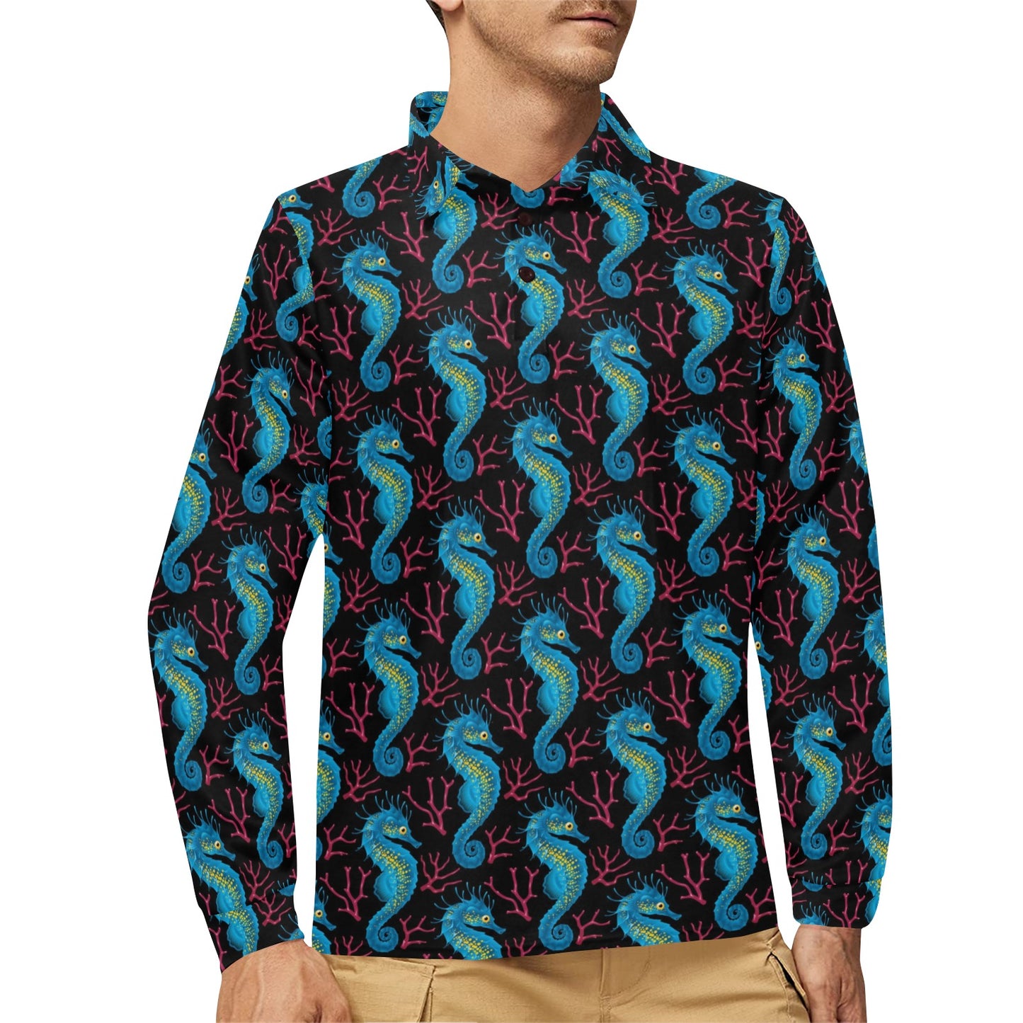 SeaHorse Print Design LKS401 Long Sleeve Polo Shirt For Men's