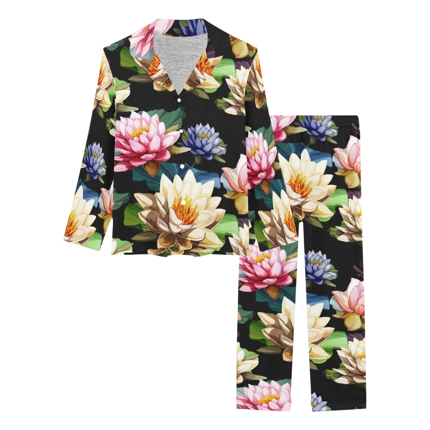 Water Lily Pattern Print Design WL02 Women's Long Pajama Set