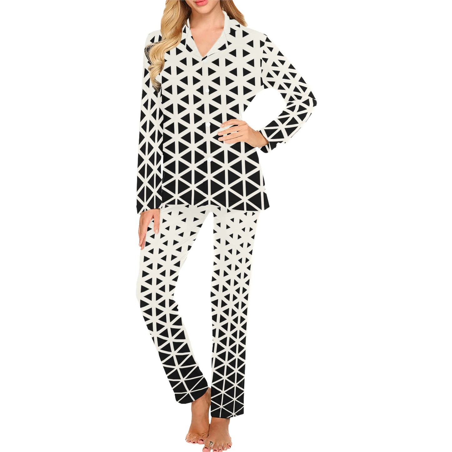 Geometric Black White Pattern Print Design 03 Women's Long Pajama Set
