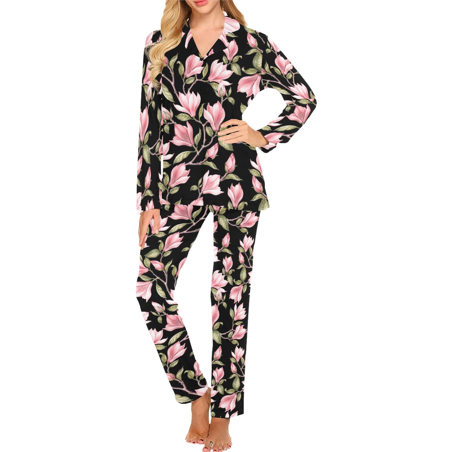 Magnolia Pattern Print Design MAG03 Women's Long Pajama Set