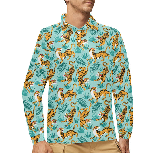 Tiger Print Design LKS304 Long Sleeve Polo Shirt For Men's