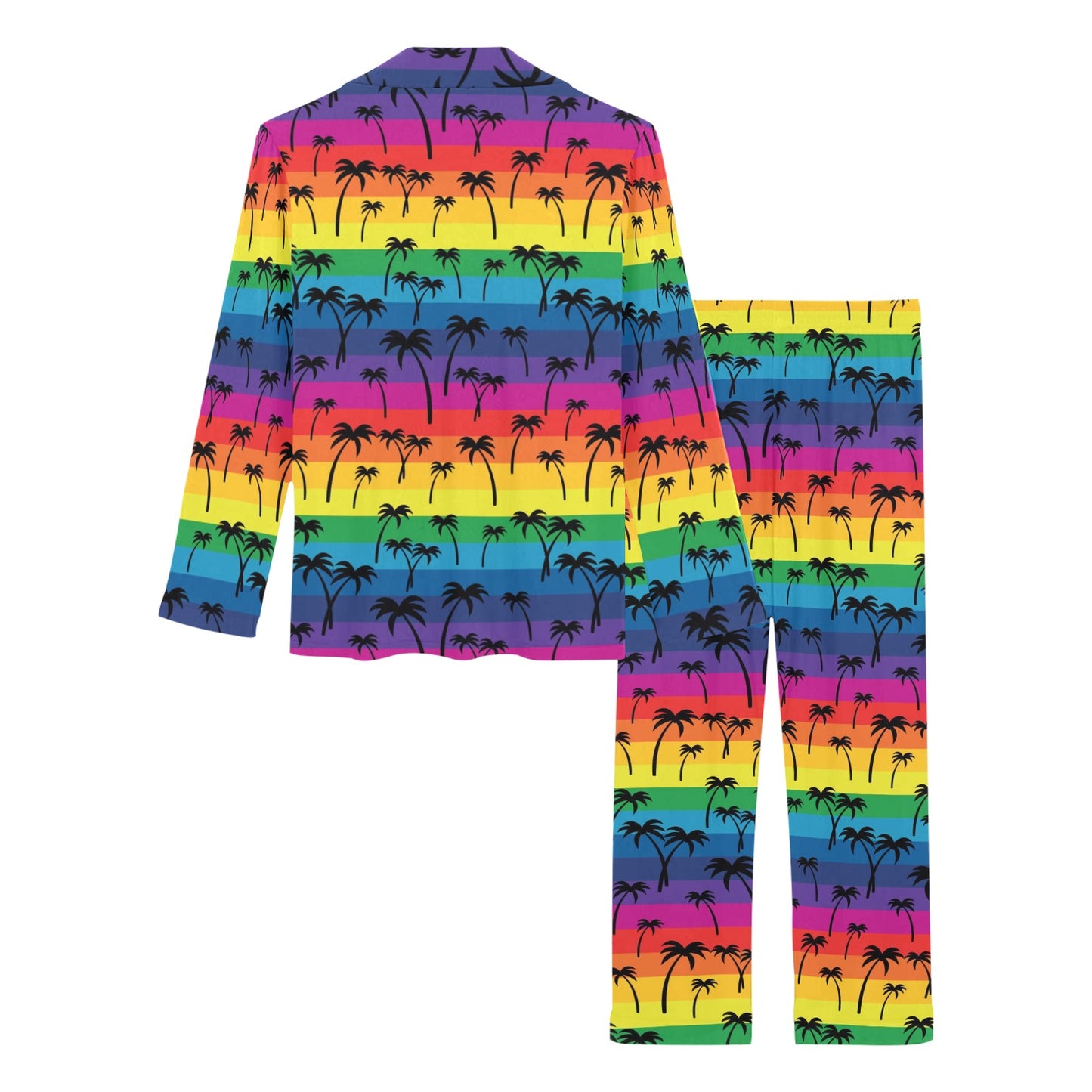 Palm Tree Rainbow Themed Print Women's Long Pajama Set
