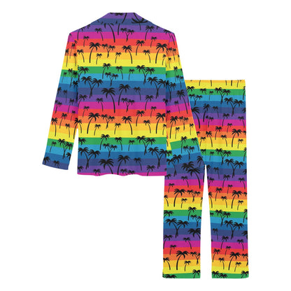 Palm Tree Rainbow Themed Print Women's Long Pajama Set