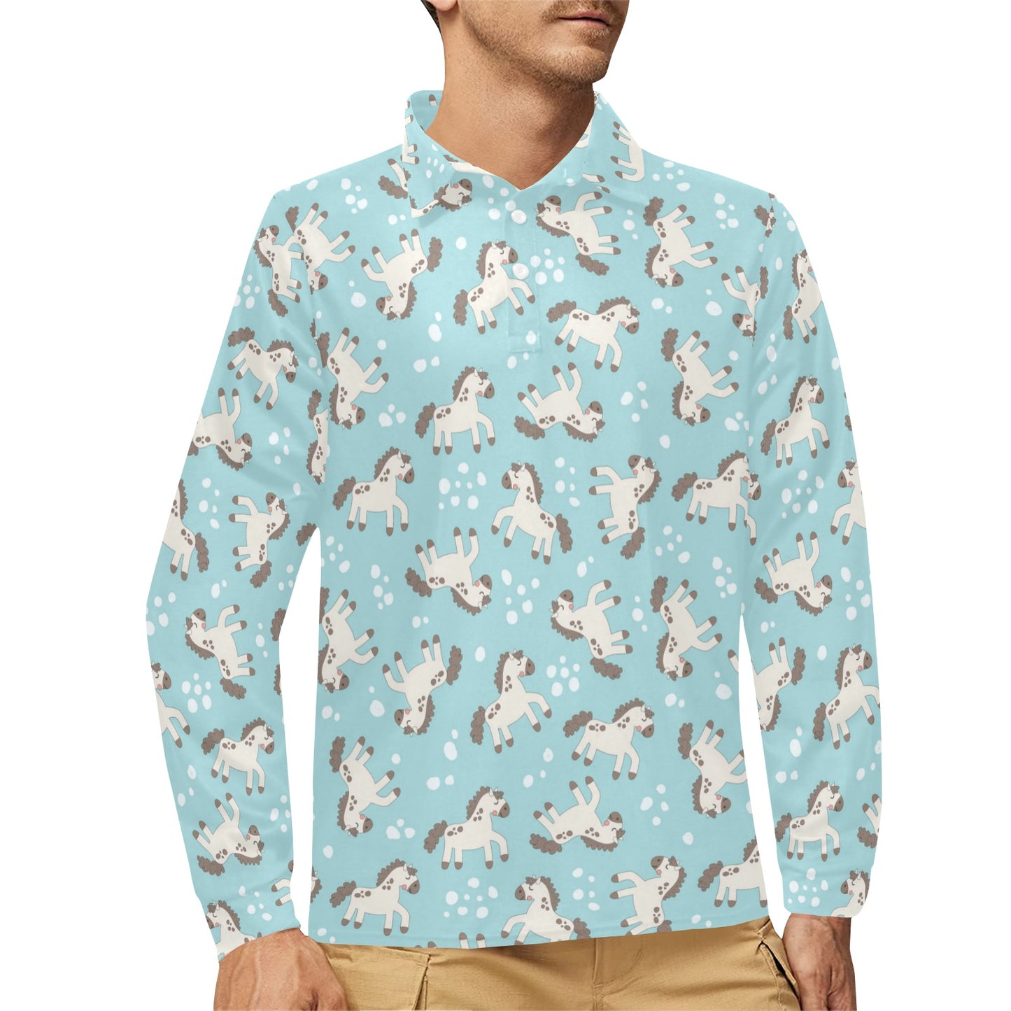 Horse Cute Print Design LKS306 Long Sleeve Polo Shirt For Men's
