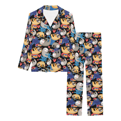 Sloth Cartoon Design Themed Print Women's Long Pajama Set