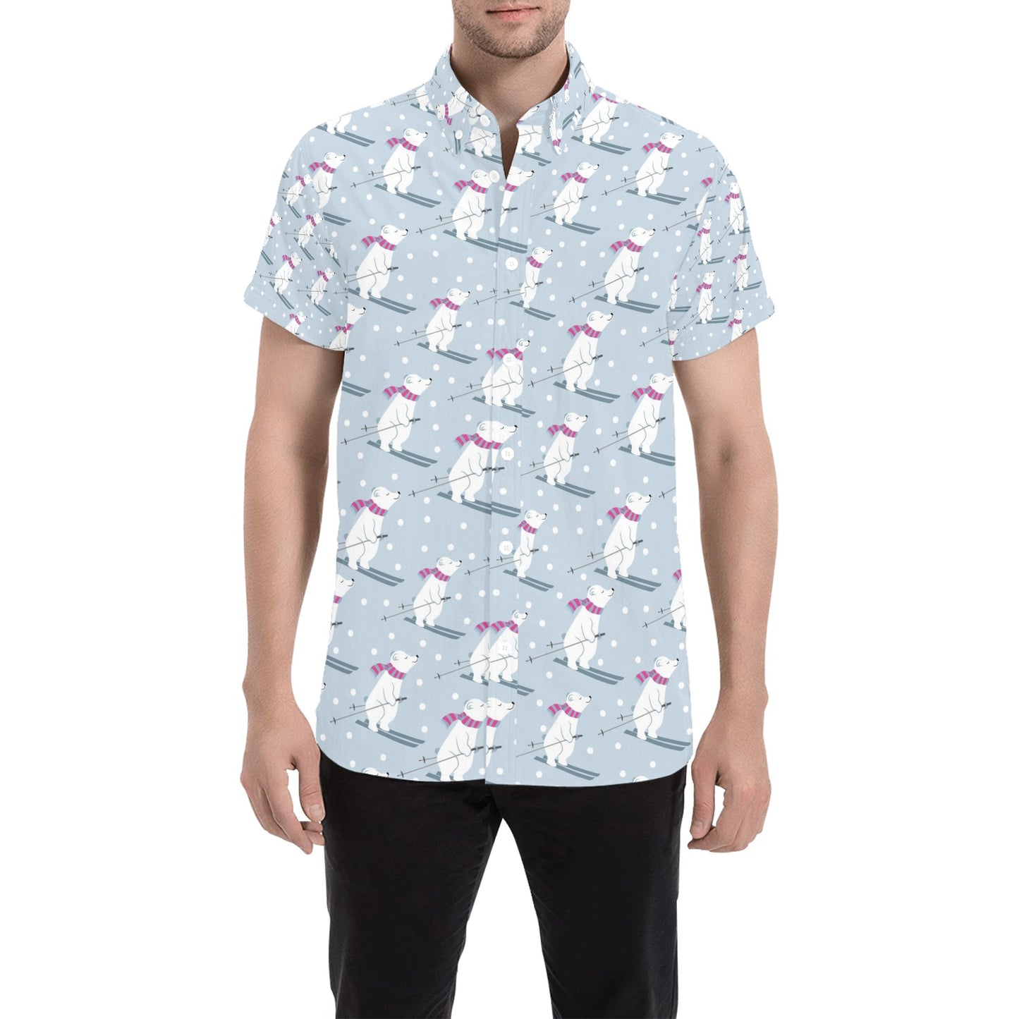 Ski Print Design LKS307 Men Short Sleeve Button Up Shirt