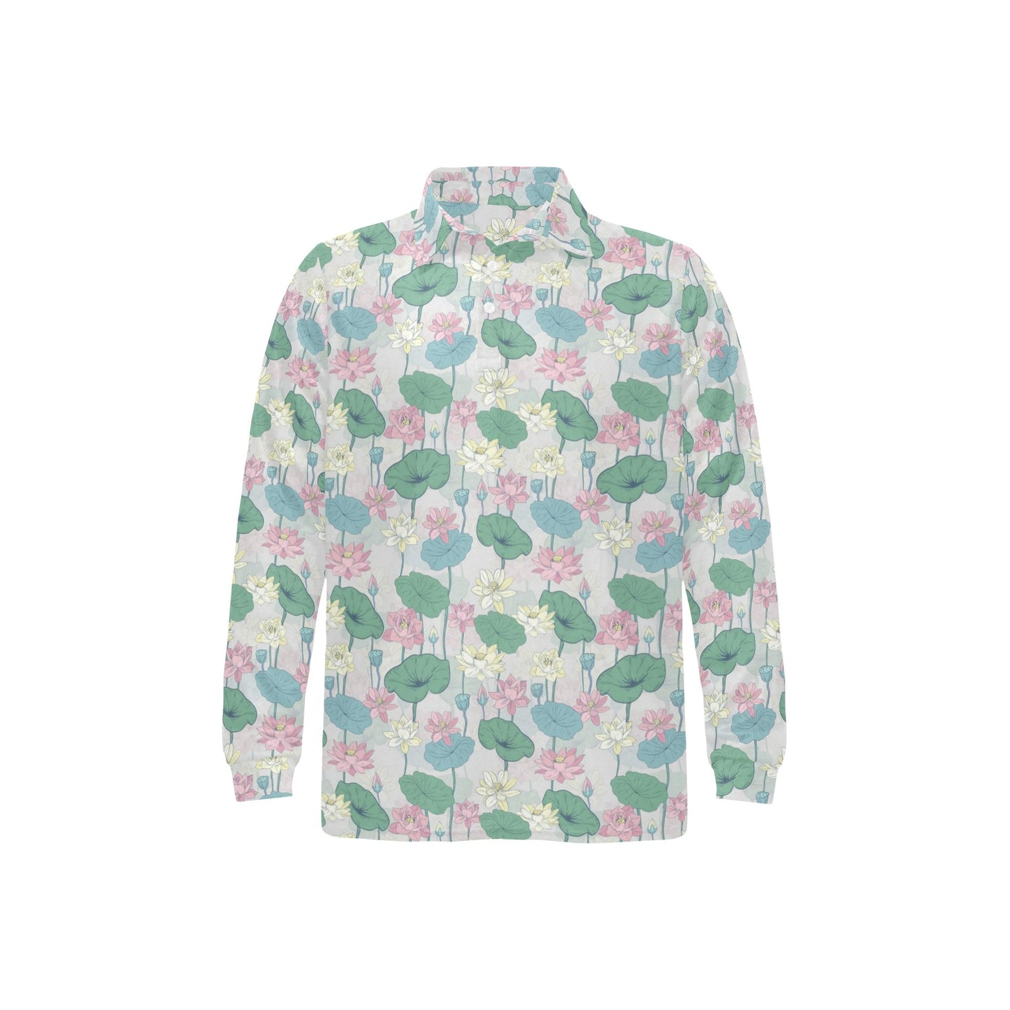 Water Lily Print Design LKS305 Long Sleeve Polo Shirt For Men's