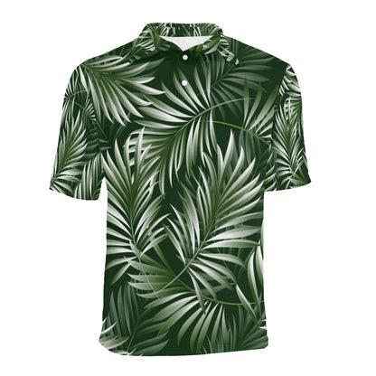 White Green Tropical Palm Leaves Men Polo Shirt