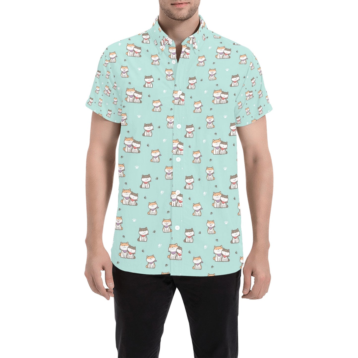 Shiba Inu Print Design LKS302 Men Short Sleeve Button Up Shirt