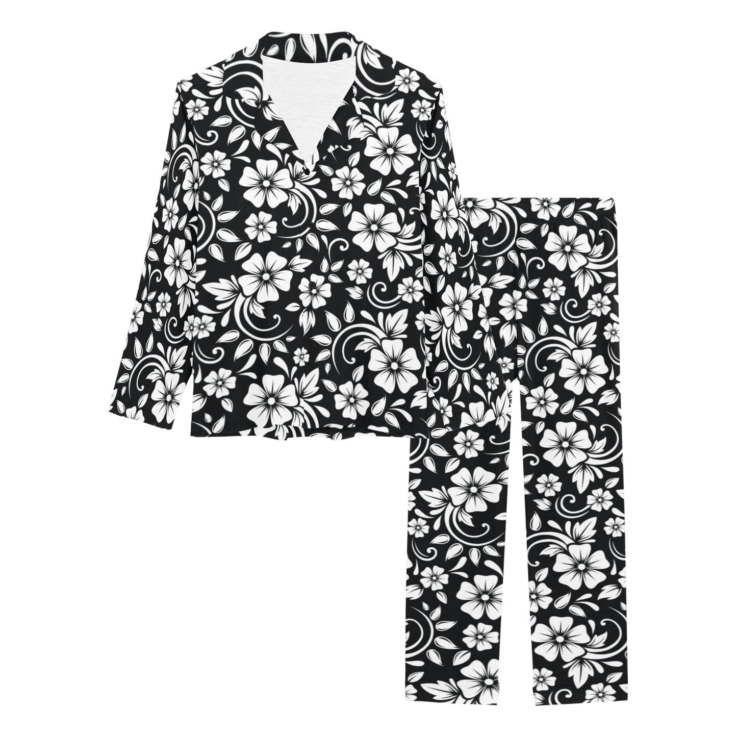 Floral Black White Themed Print Women's Long Pajama Set