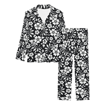 Floral Black White Themed Print Women's Long Pajama Set