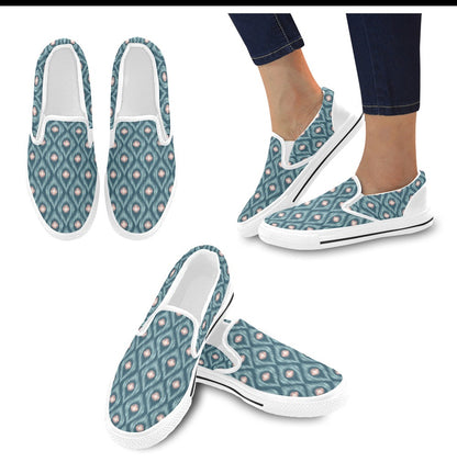 Ikat Print Design LKS402 White Slip Ons Canvas Women's Shoes