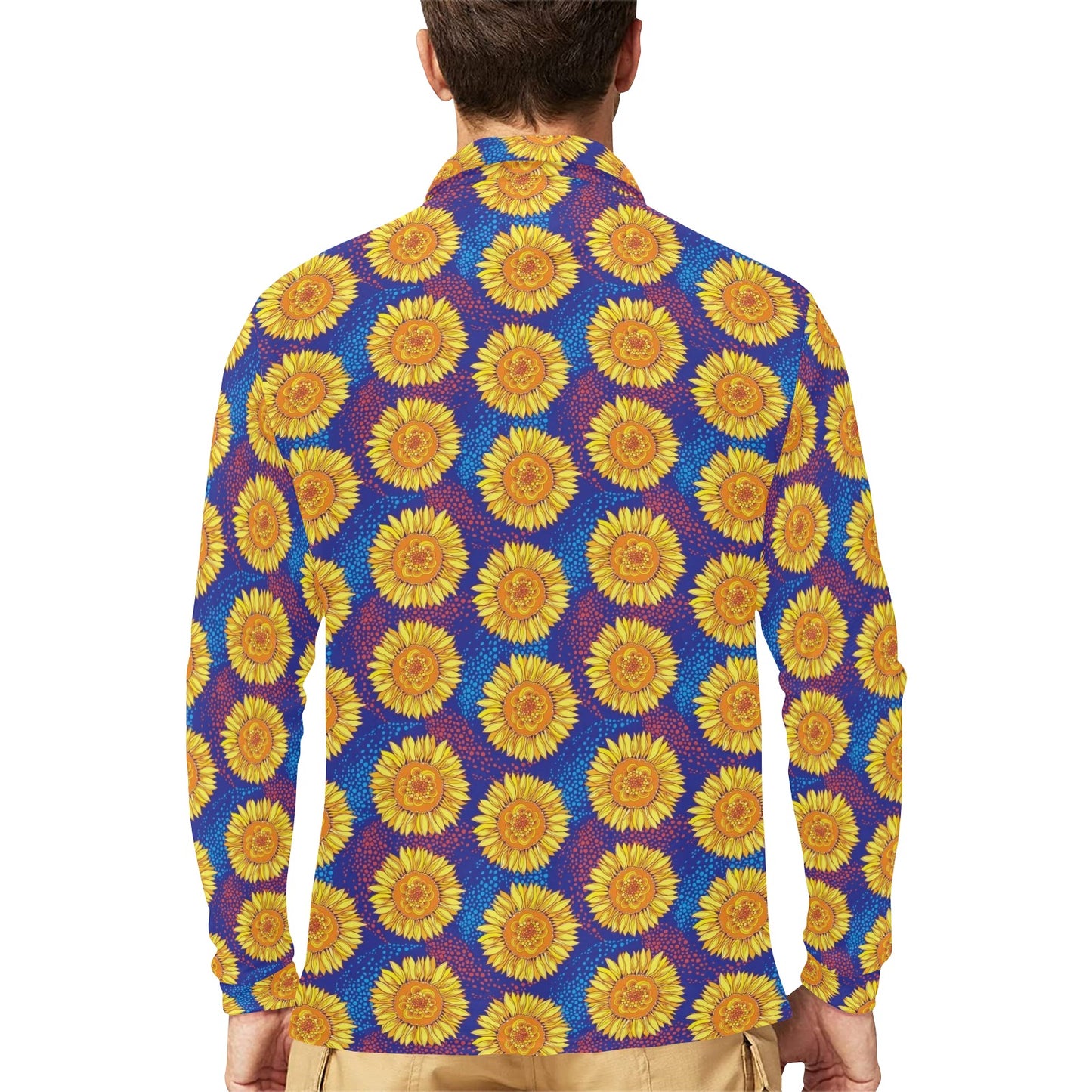 Sunflower Hand Drawn Style Print Long Sleeve Polo Shirt For Men's