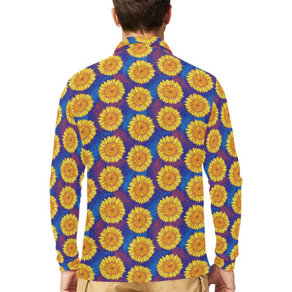 Sunflower Hand Drawn Style Print Long Sleeve Polo Shirt For Men's