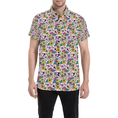 Sugar Skull Print Design LKS307 Men Short Sleeve Button Up Shirt