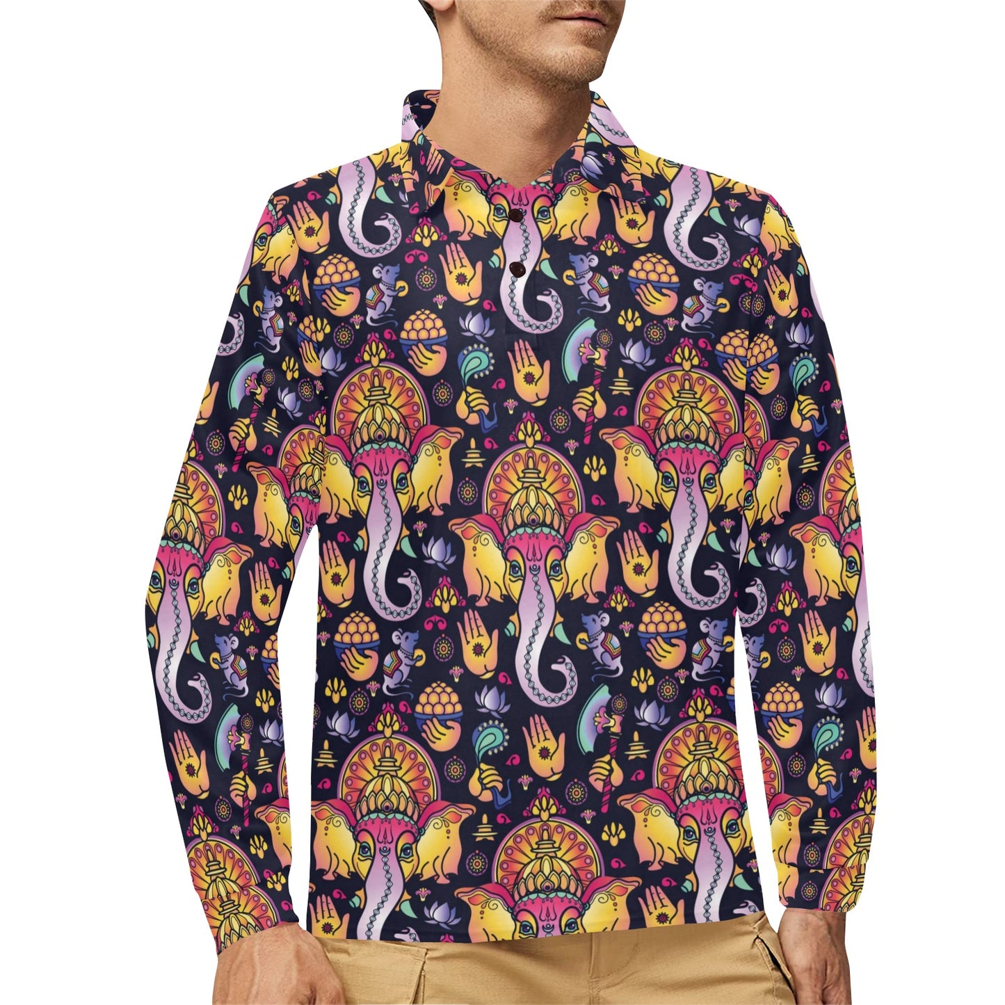 Ganesha Indian Pattern Print Design 03 Long Sleeve Polo Shirt For Men's