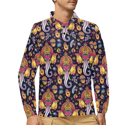 Ganesha Indian Pattern Print Design 03 Long Sleeve Polo Shirt For Men's