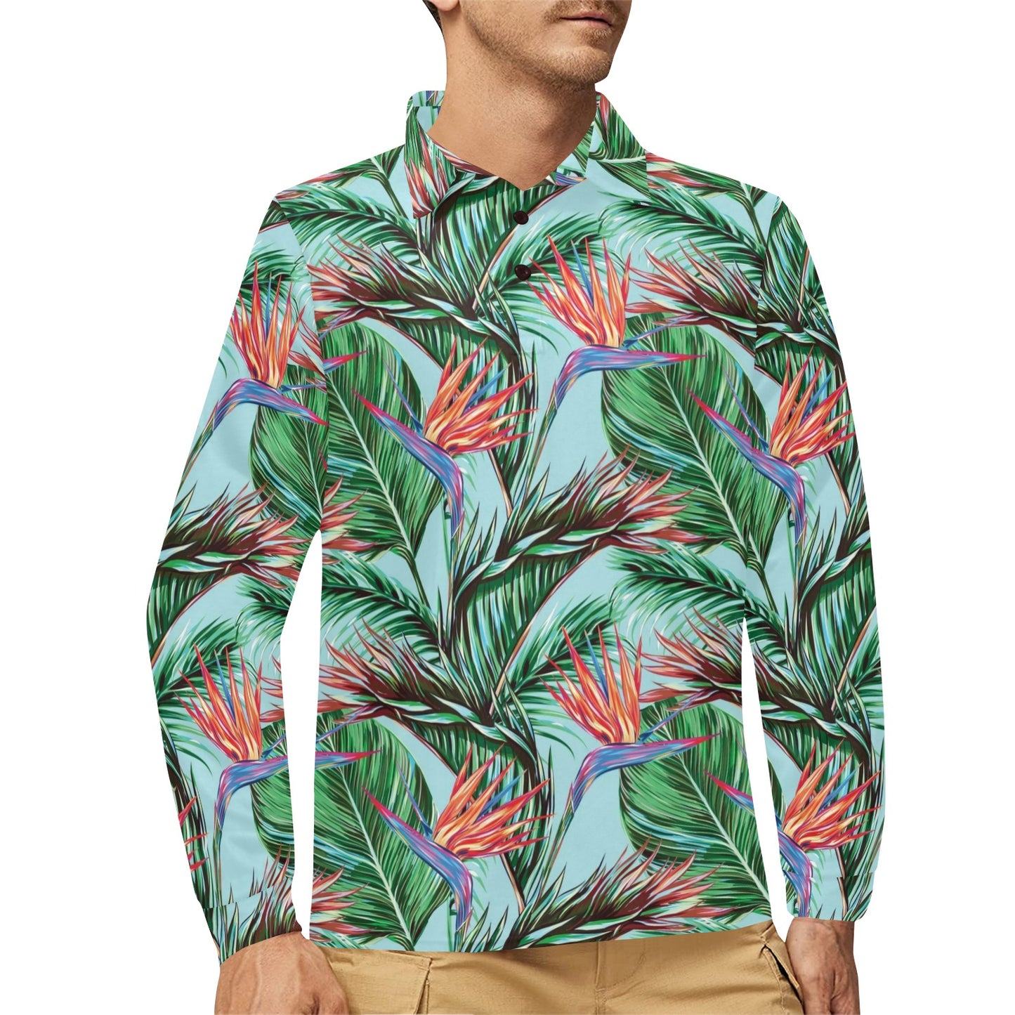 Bird Of Paradise Pattern Print Design BOP01 Long Sleeve Polo Shirt For Men's